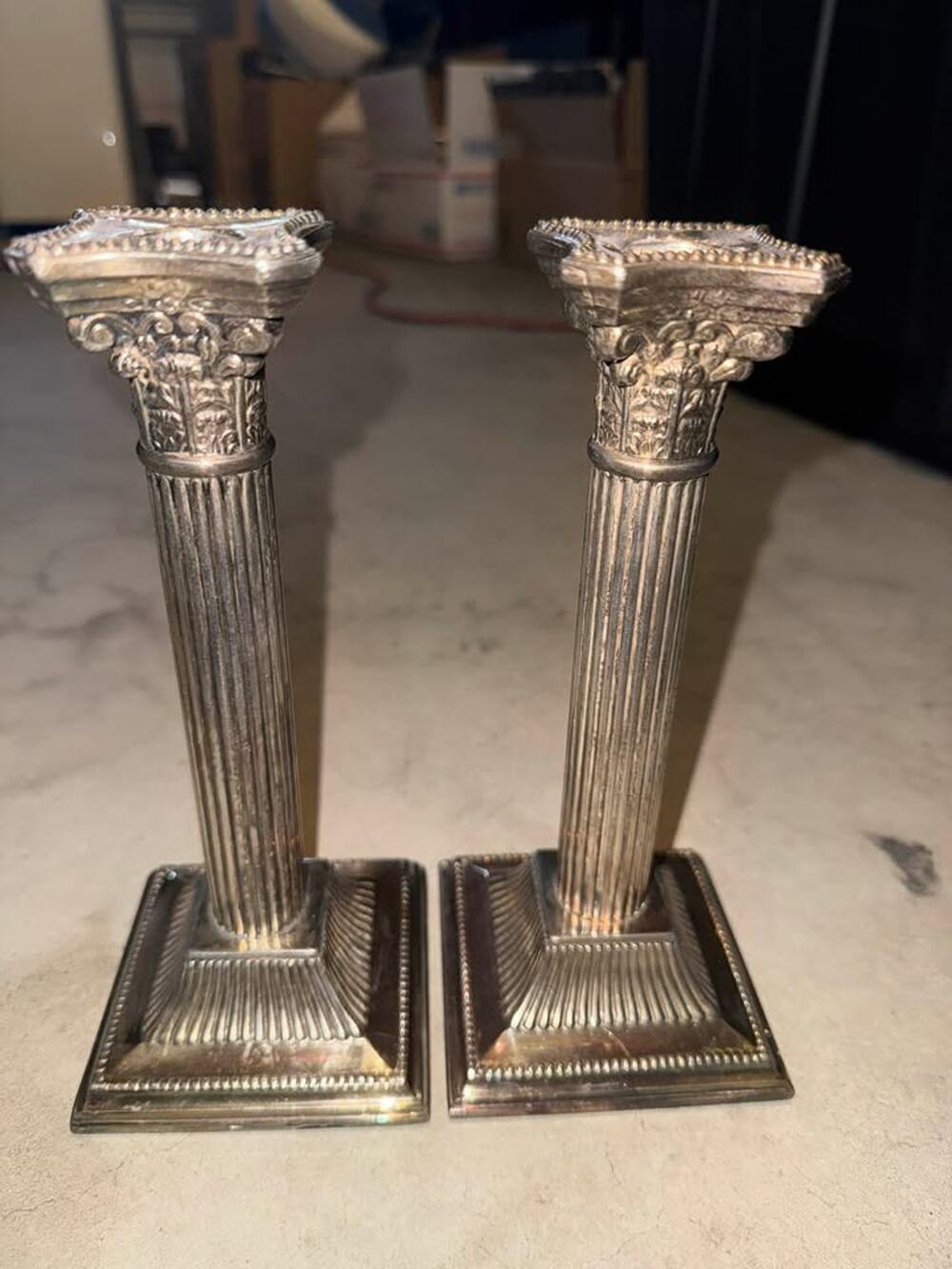 Antique Silver-Plated Corinthian Column Candlesticks - Pair 2